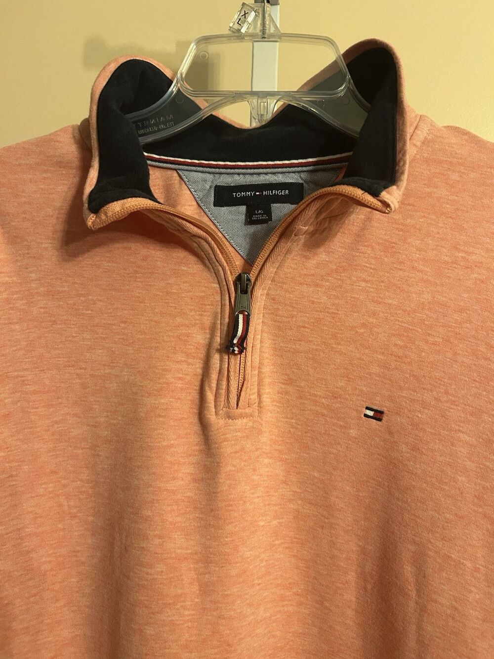 Tommy Hilfiger Men's Pink Salmon Navy 3/4 Zip Size Large Sweatshirt Preppy